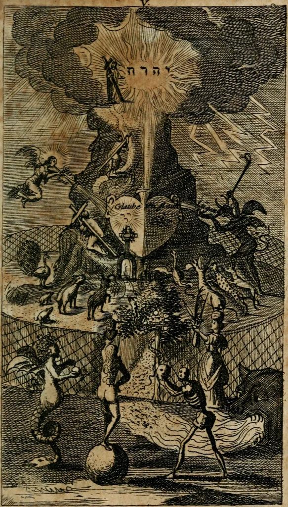 An illustration from Helleleuchtender Hertzens-Spiegel : worinnen vermittelst einer dreyfachen Vorstellung ..., I. Das Erkäntniss, II. Die Übung, und dann III. Das Geheimniss der wahren Gottseligkeit, das ist, die gantze That, Krafft und Hertzens-Theologia ... mit zur Sache hochdienlichen Kupffer-Figuren ..., samt einem kurzgefasten, doch vollständigen Gebet-Büchlein, oder Andachts-Speigel, 1680, leaf 72