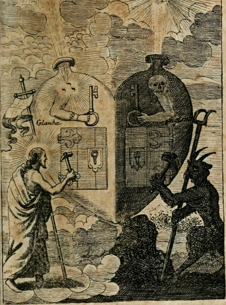 An illustration from Helleleuchtender Hertzens-Spiegel : worinnen vermittelst einer dreyfachen Vorstellung ..., I. Das Erkäntniss, II. Die Übung, und dann III. Das Geheimniss der wahren Gottseligkeit, das ist, die gantze That, Krafft und Hertzens-Theologia ... mit zur Sache hochdienlichen Kupffer-Figuren ..., samt einem kurzgefasten, doch vollständigen Gebet-Büchlein, oder Andachts-Speigel, 1680, leaf 90
