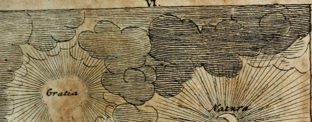 An illustration from Helleleuchtender Hertzens-Spiegel : worinnen vermittelst einer dreyfachen Vorstellung ..., I. Das Erkäntniss, II. Die Übung, und dann III. Das Geheimniss der wahren Gottseligkeit, das ist, die gantze That, Krafft und Hertzens-Theologia ... mit zur Sache hochdienlichen Kupffer-Figuren ..., samt einem kurzgefasten, doch vollständigen Gebet-Büchlein, oder Andachts-Speigel, 1680, leaf 90