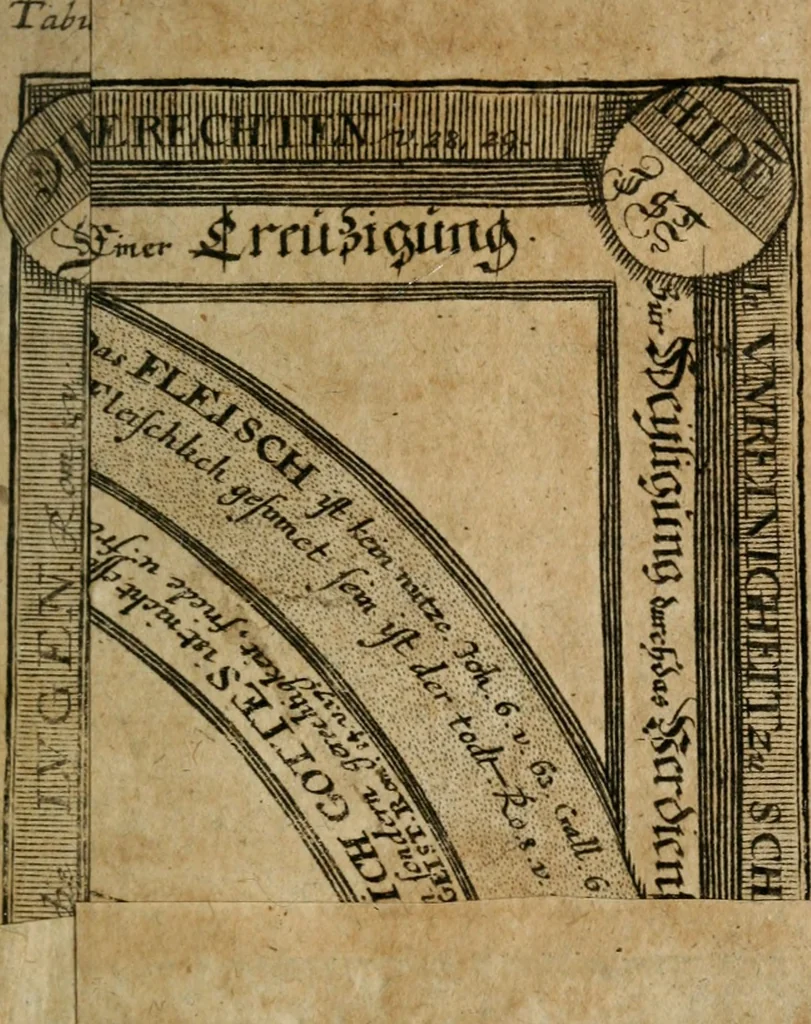 An illustration from Helleleuchtender Hertzens-Spiegel : worinnen vermittelst einer dreyfachen Vorstellung ..., I. Das Erkäntniss, II. Die Übung, und dann III. Das Geheimniss der wahren Gottseligkeit, das ist, die gantze That, Krafft und Hertzens-Theologia ... mit zur Sache hochdienlichen Kupffer-Figuren ..., samt einem kurzgefasten, doch vollständigen Gebet-Büchlein, oder Andachts-Speigel, 1680, leaf 12