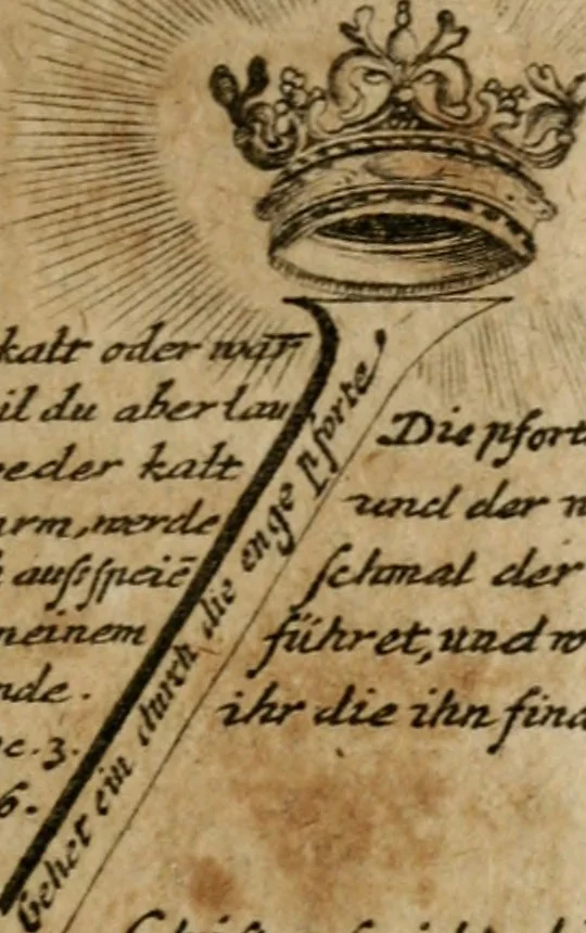An illustration from Helleleuchtender Hertzens-Spiegel : worinnen vermittelst einer dreyfachen Vorstellung ..., I. Das Erkäntniss, II. Die Übung, und dann III. Das Geheimniss der wahren Gottseligkeit, das ist, die gantze That, Krafft und Hertzens-Theologia ... mit zur Sache hochdienlichen Kupffer-Figuren ..., samt einem kurzgefasten, doch vollständigen Gebet-Büchlein, oder Andachts-Speigel, 1680, leaf 40