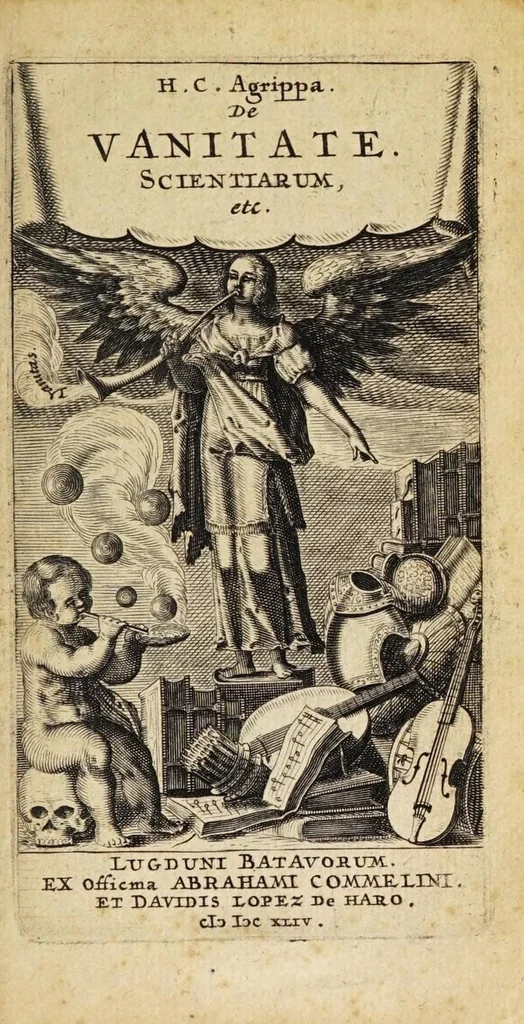 An illustration from Henrici Cornelii Agrippae ab Nettesheym, De incertitudine & vanitate omnium scientiarum & artium liber, lectu plane jucundus & elegans. Cum adjecto indice capitum. Accedunt duo ejusdem auctoris libelli; quorum unus est De nobilitate & praecellentia foeminei sexus, ejusdemque supra virilem eminentia; alter De matrimonio seu conjugio, lectu etiam jucundissimi, 1643, leaf 5