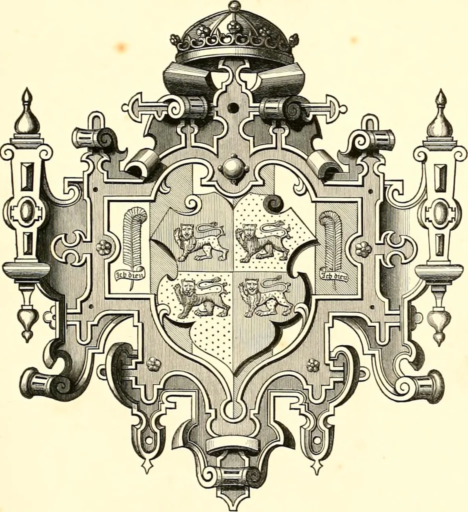An illustration from Heraldic visitations of Wales and part of the Marches; between the years 1586 and 1613, under the authority of Clarencieux and Norroy, two kings at arms, 1846, leaf 10