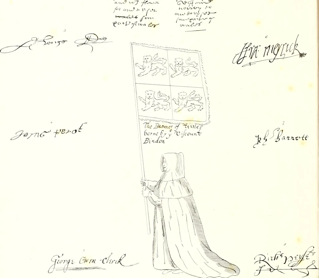 An illustration from Heraldic visitations of Wales and part of the Marches; between the years 1586 and 1613, under the authority of Clarencieux and Norroy, two kings at arms, 1846, leaf 9