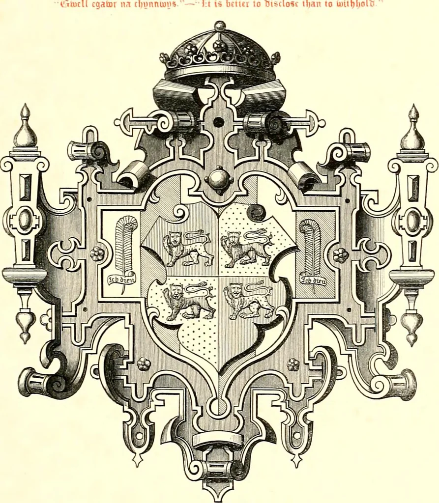 An illustration from Heraldic visitations of Wales and part of the Marches; between the years 1586 and 1613, under the authority of Clarencieux and Norroy, two kings at arms, 1846, leaf 9