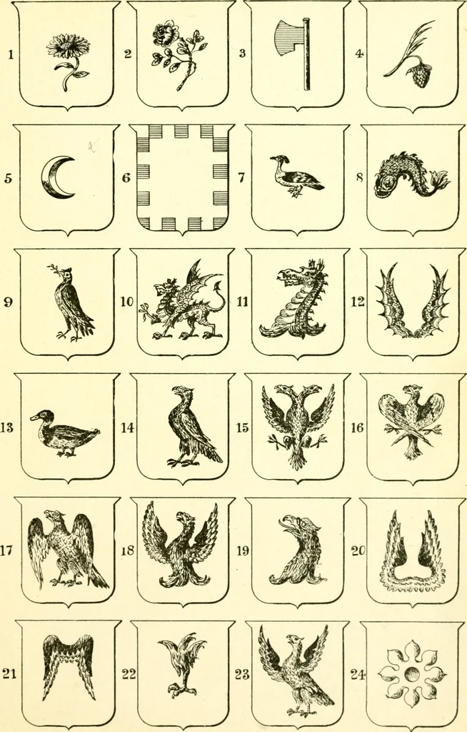 An illustration from Heraldry illustrated. Being a short account of the origin and history of heraldry and an explanation of its nature, with practical directions for drawing and painting coats of arms, to which is added a glossary of the terms used in the science of heraldry .., 1897, leaf 161