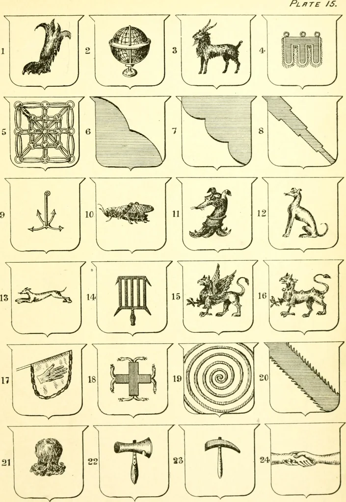 An illustration from Heraldry illustrated. Being a short account of the origin and history of heraldry and an explanation of its nature, with practical directions for drawing and painting coats of arms, to which is added a glossary of the terms used in the science of heraldry .., 1897, leaf 167