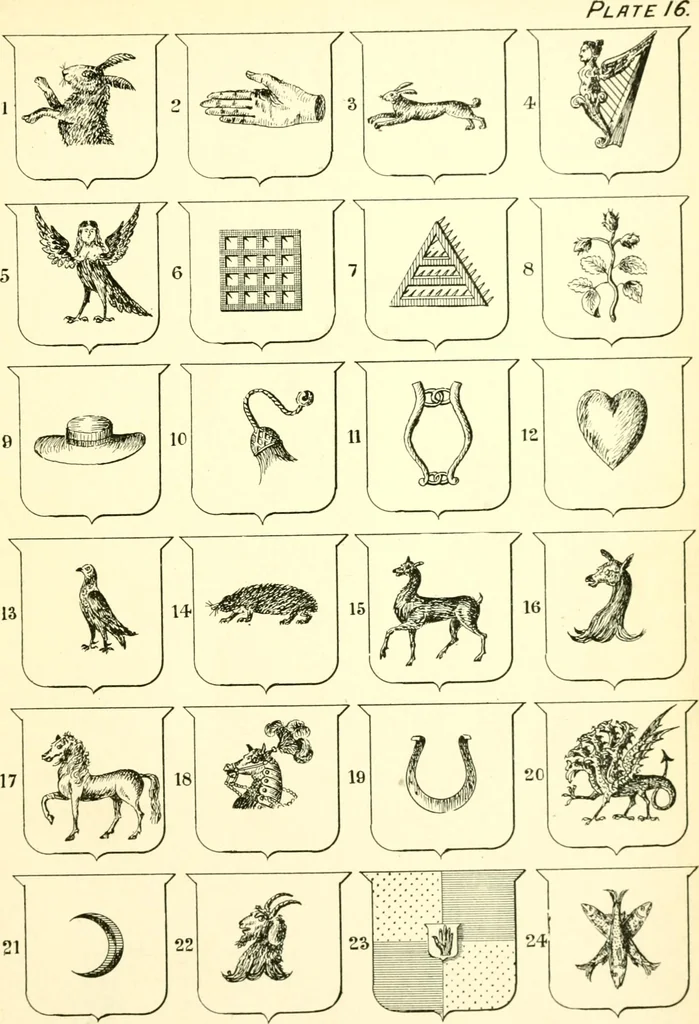 An illustration from Heraldry illustrated. Being a short account of the origin and history of heraldry and an explanation of its nature, with practical directions for drawing and painting coats of arms, to which is added a glossary of the terms used in the science of heraldry .., 1897, leaf 169