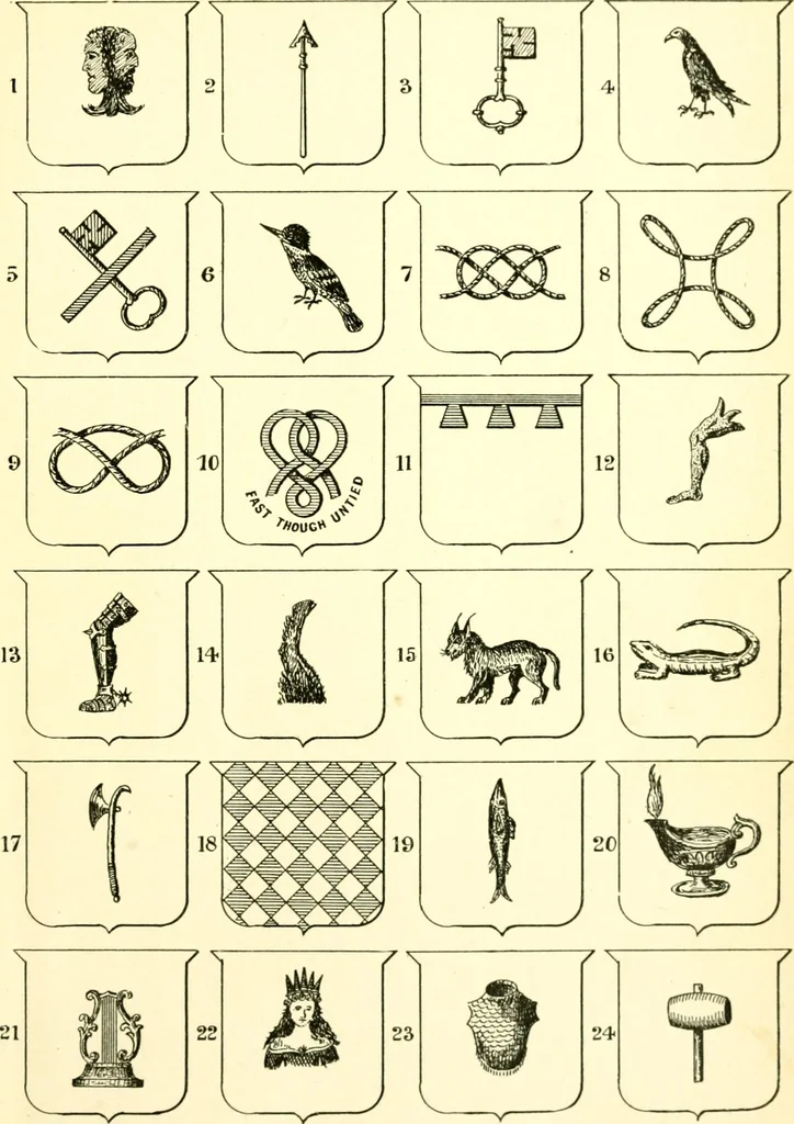 An illustration from Heraldry illustrated. Being a short account of the origin and history of heraldry and an explanation of its nature, with practical directions for drawing and painting coats of arms, to which is added a glossary of the terms used in the science of heraldry .., 1897, leaf 171