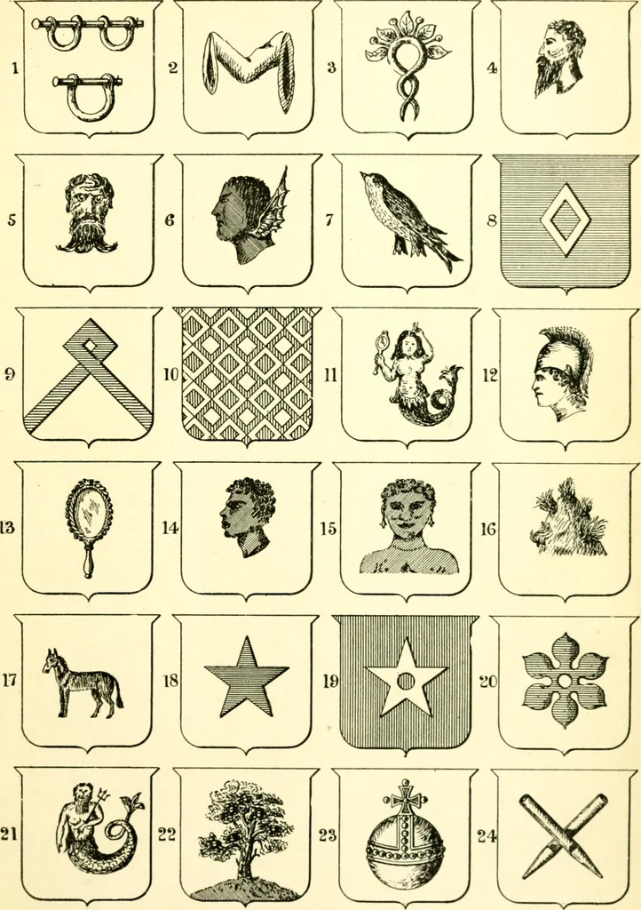 An illustration from Heraldry illustrated. Being a short account of the origin and history of heraldry and an explanation of its nature, with practical directions for drawing and painting coats of arms, to which is added a glossary of the terms used in the science of heraldry .., 1897, leaf 175