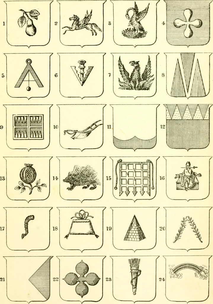 An illustration from Heraldry illustrated. Being a short account of the origin and history of heraldry and an explanation of its nature, with practical directions for drawing and painting coats of arms, to which is added a glossary of the terms used in the science of heraldry .., 1897, leaf 179