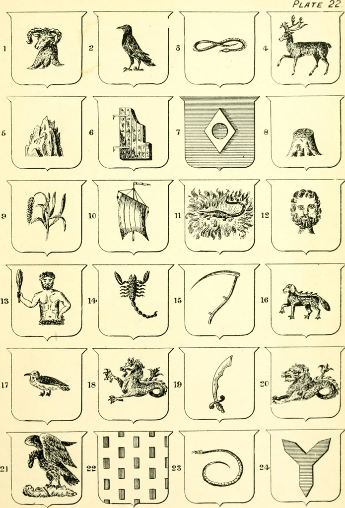 An illustration from Heraldry illustrated. Being a short account of the origin and history of heraldry and an explanation of its nature, with practical directions for drawing and painting coats of arms, to which is added a glossary of the terms used in the science of heraldry .., 1897, leaf 181