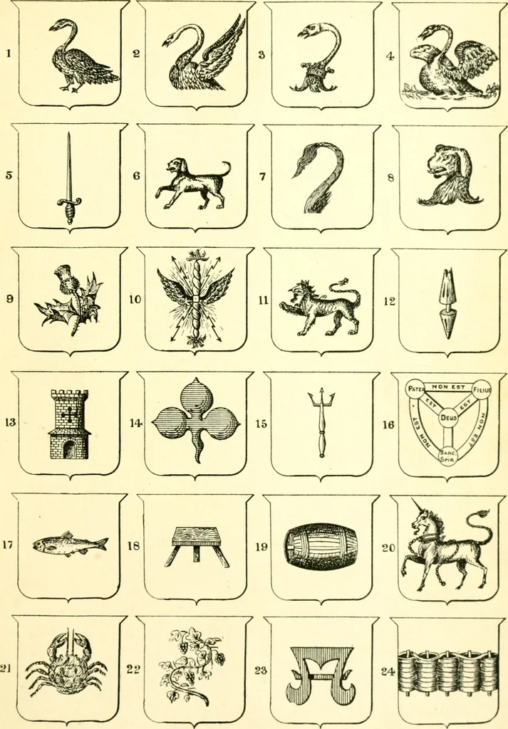 An illustration from Heraldry illustrated. Being a short account of the origin and history of heraldry and an explanation of its nature, with practical directions for drawing and painting coats of arms, to which is added a glossary of the terms used in the science of heraldry .., 1897, leaf 185
