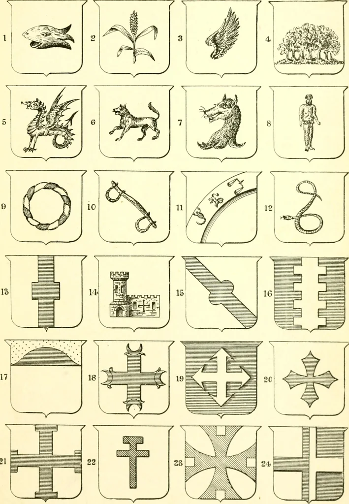 An illustration from Heraldry illustrated. Being a short account of the origin and history of heraldry and an explanation of its nature, with practical directions for drawing and painting coats of arms, to which is added a glossary of the terms used in the science of heraldry .., 1897, leaf 187