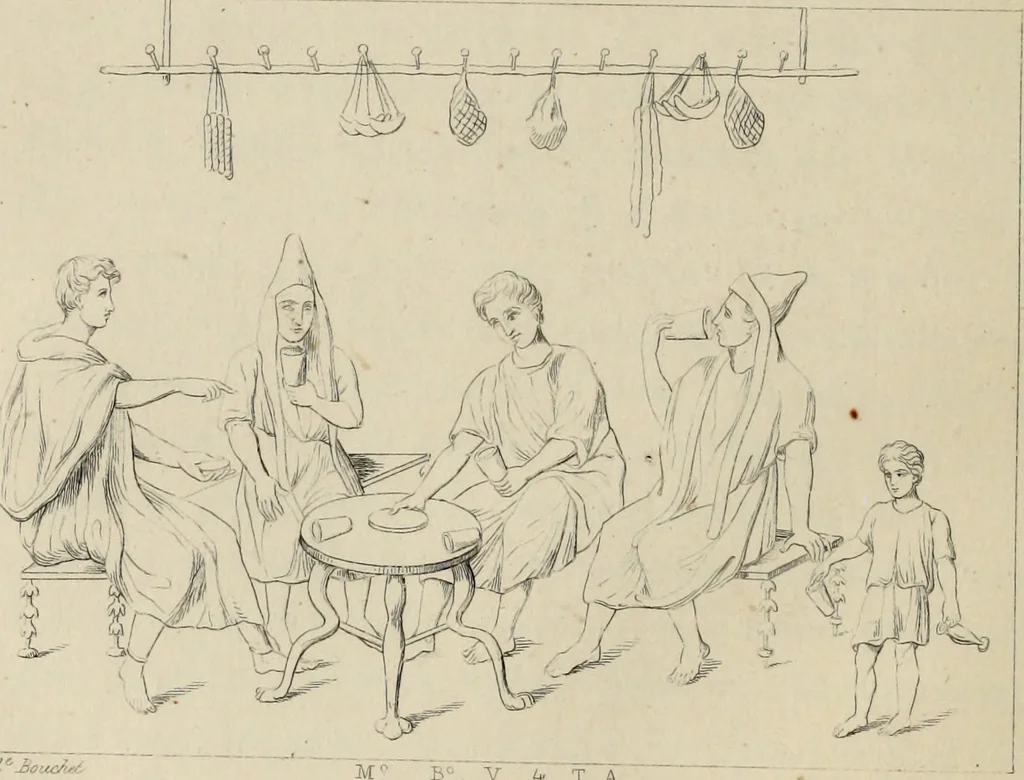 An illustration from Herculanum et Pompéi, recueil général des peintures, bronzes, mosaïques, etc., découverts jusqu'à ce jour, et reproduits d'apreès Le antichita di Ercolano, Il Museo borbonico, et tous les ouvrages analogues, 1870, leaf 143