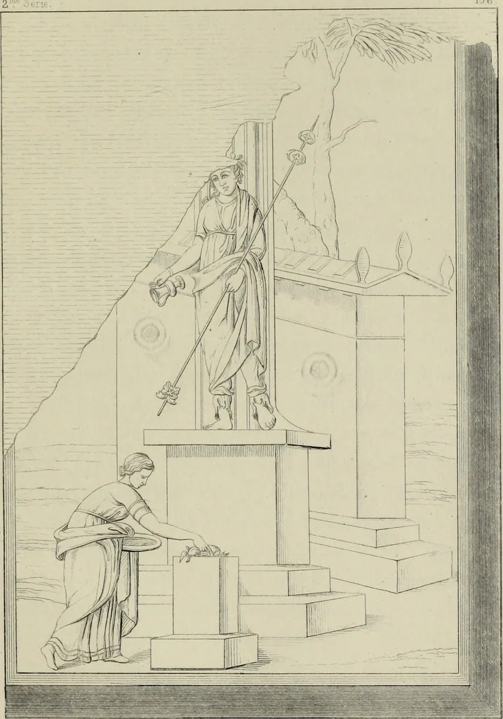 An illustration from Herculanum et Pompéi, recueil général des peintures, bronzes, mosaïques, etc., découverts jusqu'à ce jour, et reproduits d'apreès Le antichita di Ercolano, Il Museo borbonico, et tous les ouvrages analogues, 1870, leaf 182