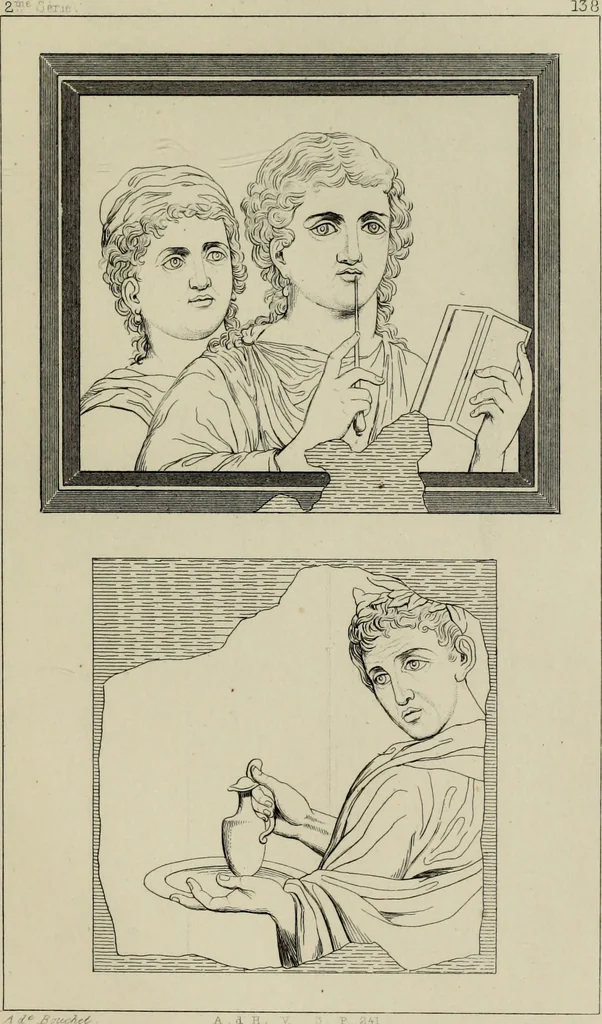 An illustration from Herculanum et Pompéi, recueil général des peintures, bronzes, mosaïques, etc., découverts jusqu'à ce jour, et reproduits d'apreès Le antichita di Ercolano, Il Museo borbonico, et tous les ouvrages analogues, 1870, leaf 190