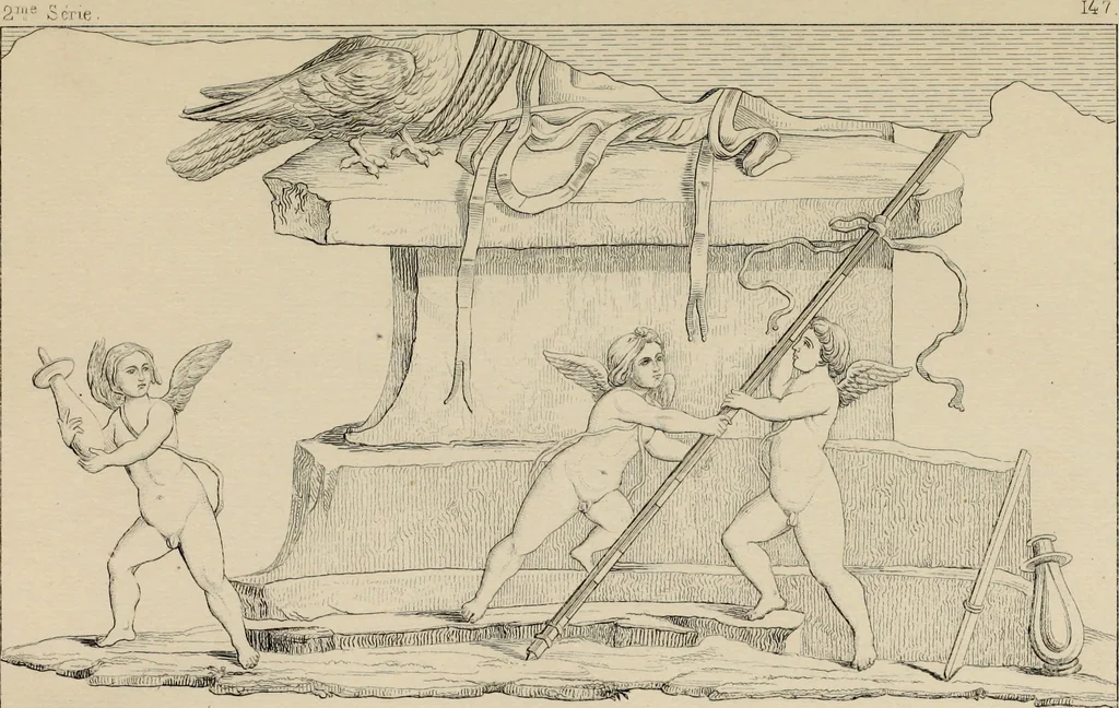 An illustration from Herculanum et Pompéi, recueil général des peintures, bronzes, mosaïques, etc., découverts jusqu'à ce jour, et reproduits d'apreès Le antichita di Ercolano, Il Museo borbonico, et tous les ouvrages analogues, 1870, leaf 219