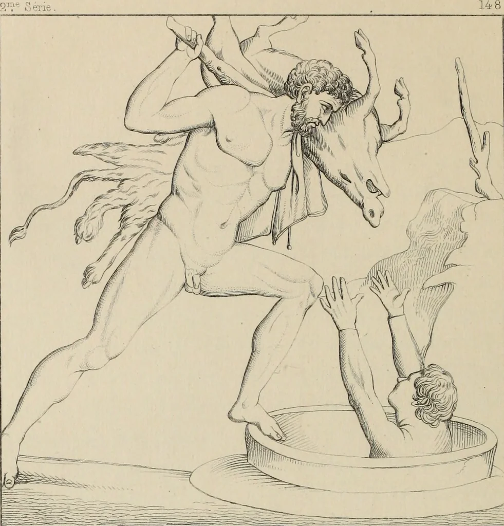 An illustration from Herculanum et Pompéi, recueil général des peintures, bronzes, mosaïques, etc., découverts jusqu'à ce jour, et reproduits d'apreès Le antichita di Ercolano, Il Museo borbonico, et tous les ouvrages analogues, 1870, leaf 223