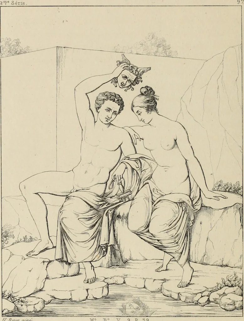 An illustration from Herculanum et Pompéi, recueil général des peintures, bronzes, mosaïques, etc., découverts jusqu'à ce jour, et reproduits d'apreès Le antichita di Ercolano, Il Museo borbonico, et tous les ouvrages analogues, 1870, leaf 33