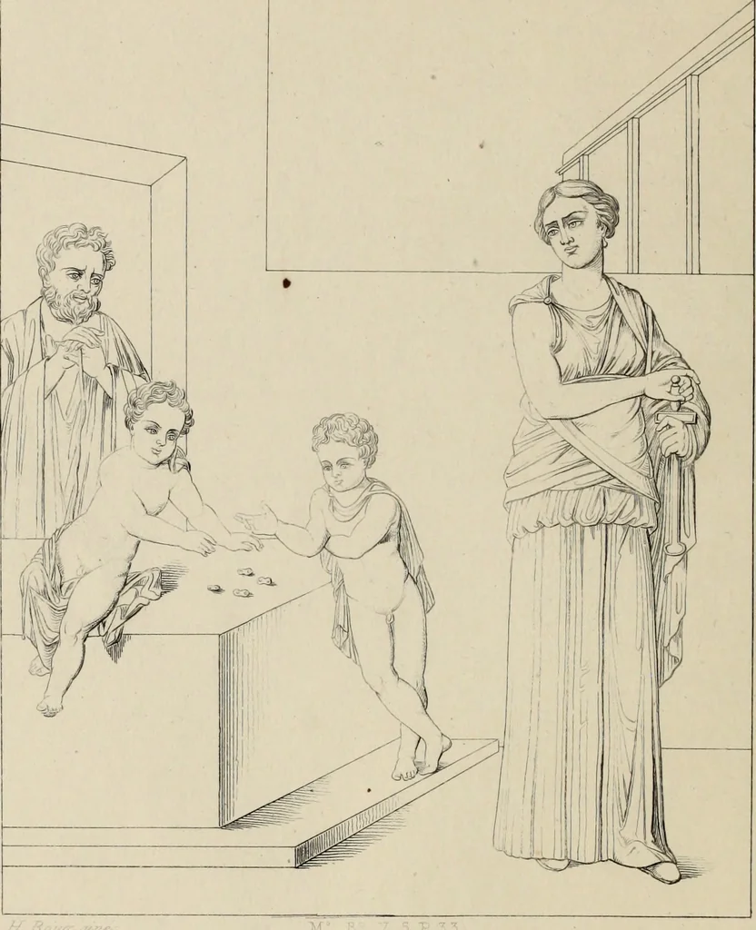 An illustration from Herculanum et Pompéi, recueil général des peintures, bronzes, mosaïques, etc., découverts jusqu'à ce jour, et reproduits d'apreès Le antichita di Ercolano, Il Museo borbonico, et tous les ouvrages analogues, 1870, leaf 57