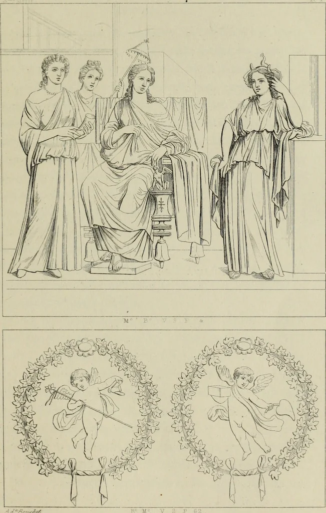 An illustration from Herculanum et Pompéi, recueil général des peintures, bronzes, mosaïques, etc., découverts jusqu'à ce jour, et reproduits d'apreès Le antichita di Ercolano, Il Museo borbonico, et tous les ouvrages analogues, 1870, leaf 60