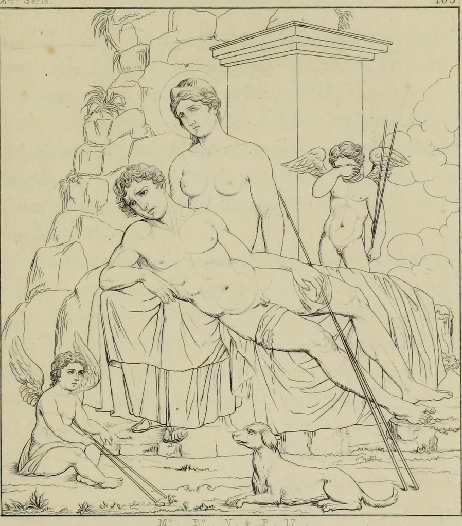 An illustration from Herculanum et Pompéi, recueil général des peintures, bronzes, mosaïques, etc., découverts jusqu'à ce jour, et reproduits d'apreès Le antichita di Ercolano, Il Museo borbonico, et tous les ouvrages analogues, 1870, leaf 64