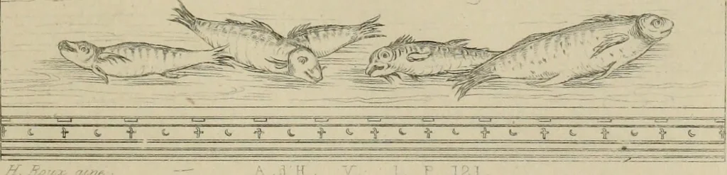 An illustration from Herculanum et Pompéi, recueil général des peintures, bronzes, mosaïques, etc., découverts jusqu'à ce jour, et reproduits d'apreès Le antichita di Ercolano, Il Museo borbonico, et tous les ouvrages analogues, 1870, leaf 68