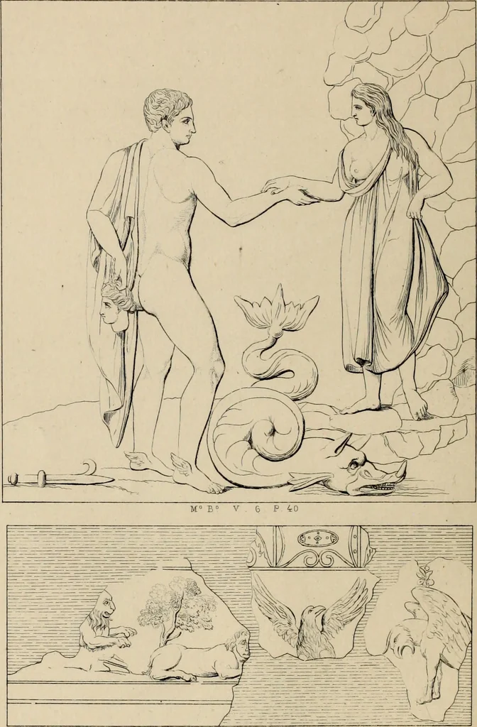An illustration from Herculanum et Pompéi, recueil général des peintures, bronzes, mosaïques, etc., découverts jusqu'à ce jour, et reproduits d'apreès Le antichita di Ercolano, Il Museo borbonico, et tous les ouvrages analogues, 1870, leaf 71