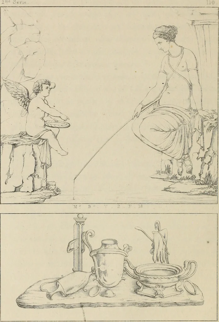 An illustration from Herculanum et Pompéi, recueil général des peintures, bronzes, mosaïques, etc., découverts jusqu'à ce jour, et reproduits d'apreès Le antichita di Ercolano, Il Museo borbonico, et tous les ouvrages analogues, 1870, leaf 83