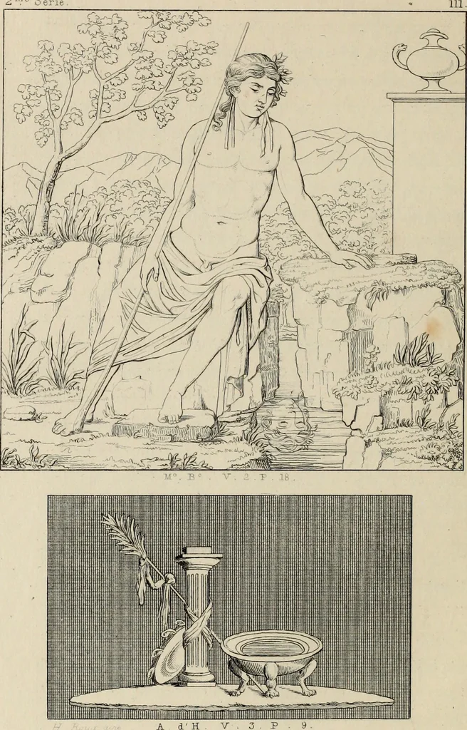 An illustration from Herculanum et Pompéi, recueil général des peintures, bronzes, mosaïques, etc., découverts jusqu'à ce jour, et reproduits d'apreès Le antichita di Ercolano, Il Museo borbonico, et tous les ouvrages analogues, 1870, leaf 87