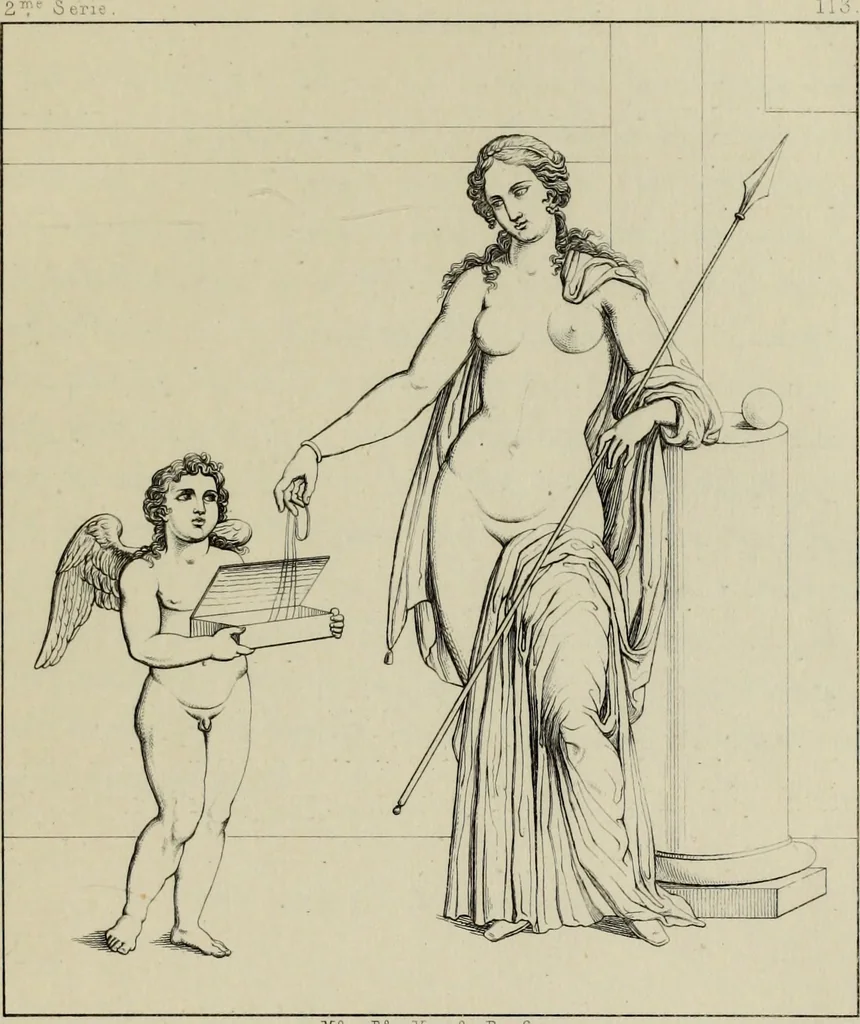 An illustration from Herculanum et Pompéi, recueil général des peintures, bronzes, mosaïques, etc., découverts jusqu'à ce jour, et reproduits d'apreès Le antichita di Ercolano, Il Museo borbonico, et tous les ouvrages analogues, 1870, leaf 94