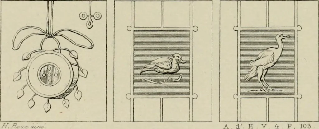 An illustration from Herculanum et Pompéi, recueil général des peintures, bronzes, mosaïques, etc., découverts jusqu'à ce jour, et reproduits d'apreès Le antichita di Ercolano, Il Museo borbonico, et tous les ouvrages analogues, 1870, leaf 100