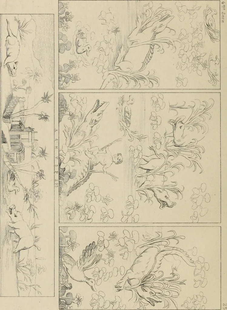 An illustration from Herculanum et Pompéi, recueil général des peintures, bronzes, mosaïques, etc., découverts jusqu'à ce jour, et reproduits d'apreès Le antichita di Ercolano, Il Museo borbonico, et tous les ouvrages analogues, 1870, leaf 107