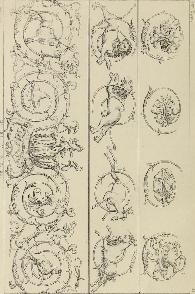 An illustration from Herculanum et Pompéi, recueil général des peintures, bronzes, mosaïques, etc., découverts jusqu'à ce jour, et reproduits d'apreès Le antichita di Ercolano, Il Museo borbonico, et tous les ouvrages analogues, 1870, leaf 129