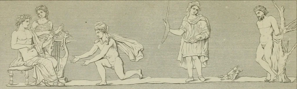 An illustration from Herculanum et Pompéi, recueil général des peintures, bronzes, mosaïques, etc., découverts jusqu'à ce jour, et reproduits d'apreès Le antichita di Ercolano, Il Museo borbonico, et tous les ouvrages analogues, 1870, leaf 14
