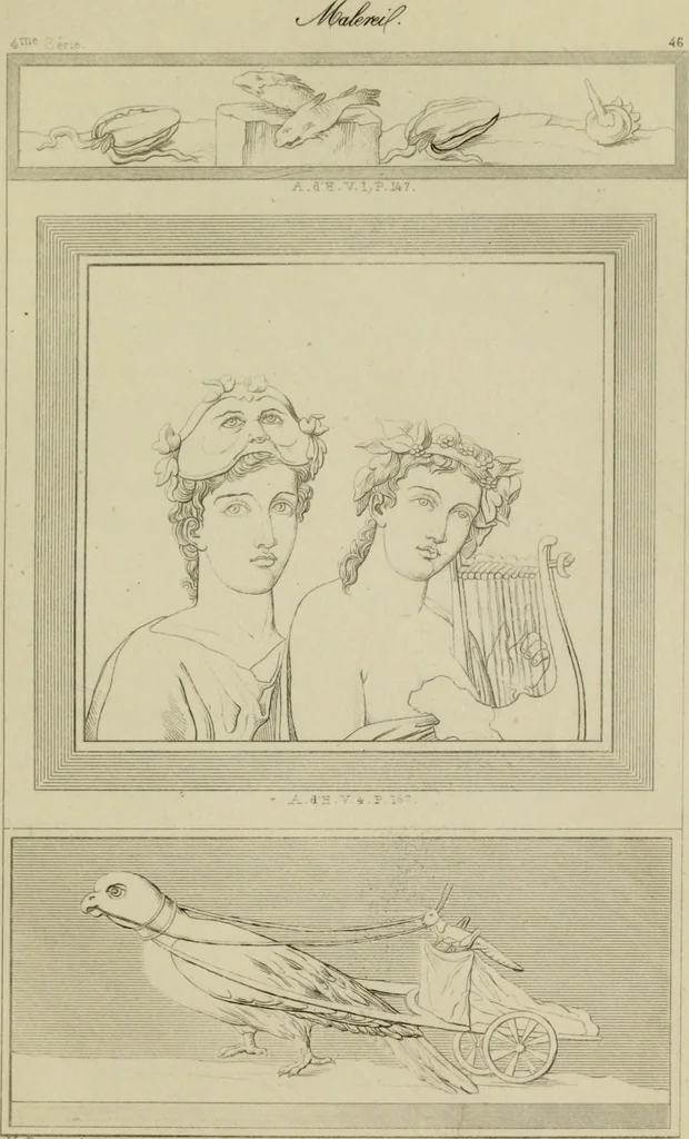 An illustration from Herculanum et Pompéi, recueil général des peintures, bronzes, mosaïques, etc., découverts jusqu'à ce jour, et reproduits d'apreès Le antichita di Ercolano, Il Museo borbonico, et tous les ouvrages analogues, 1870, leaf 186
