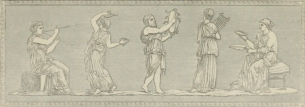 An illustration from Herculanum et Pompéi, recueil général des peintures, bronzes, mosaïques, etc., découverts jusqu'à ce jour, et reproduits d'apreès Le antichita di Ercolano, Il Museo borbonico, et tous les ouvrages analogues, 1870, leaf 19