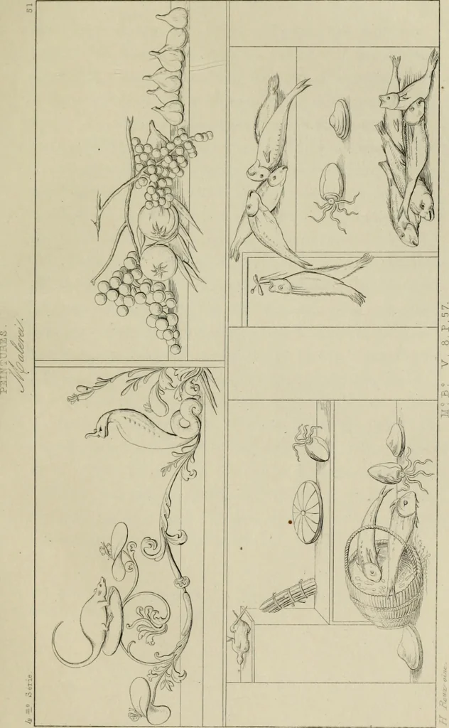 An illustration from Herculanum et Pompéi, recueil général des peintures, bronzes, mosaïques, etc., découverts jusqu'à ce jour, et reproduits d'apreès Le antichita di Ercolano, Il Museo borbonico, et tous les ouvrages analogues, 1870, leaf 204