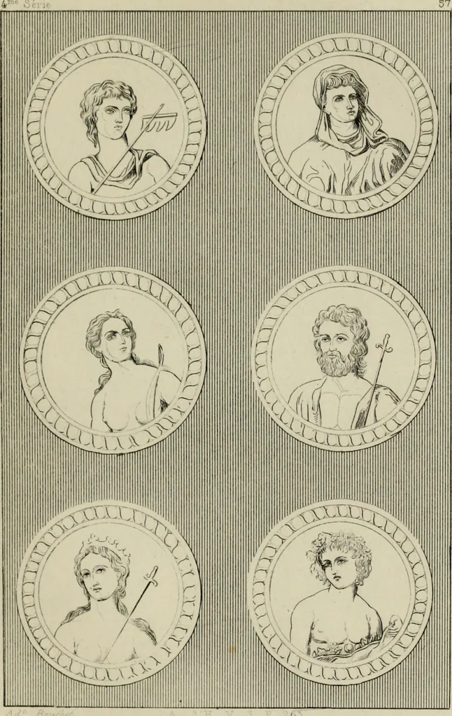 An illustration from Herculanum et Pompéi, recueil général des peintures, bronzes, mosaïques, etc., découverts jusqu'à ce jour, et reproduits d'apreès Le antichita di Ercolano, Il Museo borbonico, et tous les ouvrages analogues, 1870, leaf 226