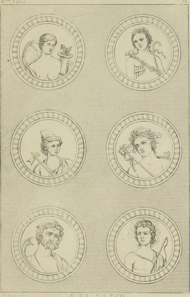 An illustration from Herculanum et Pompéi, recueil général des peintures, bronzes, mosaïques, etc., découverts jusqu'à ce jour, et reproduits d'apreès Le antichita di Ercolano, Il Museo borbonico, et tous les ouvrages analogues, 1870, leaf 228