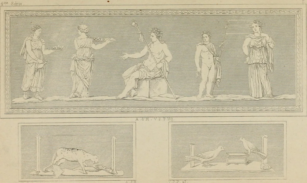 An illustration from Herculanum et Pompéi, recueil général des peintures, bronzes, mosaïques, etc., découverts jusqu'à ce jour, et reproduits d'apreès Le antichita di Ercolano, Il Museo borbonico, et tous les ouvrages analogues, 1870, leaf 31