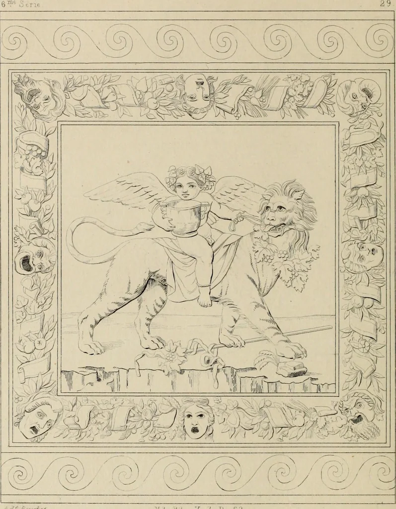 An illustration from Herculanum et Pompéi, recueil général des peintures, bronzes, mosaïques, etc., découverts jusqu'à ce jour, et reproduits d'apreès Le antichita di Ercolano, Il Museo borbonico, et tous les ouvrages analogues, 1870, leaf 335