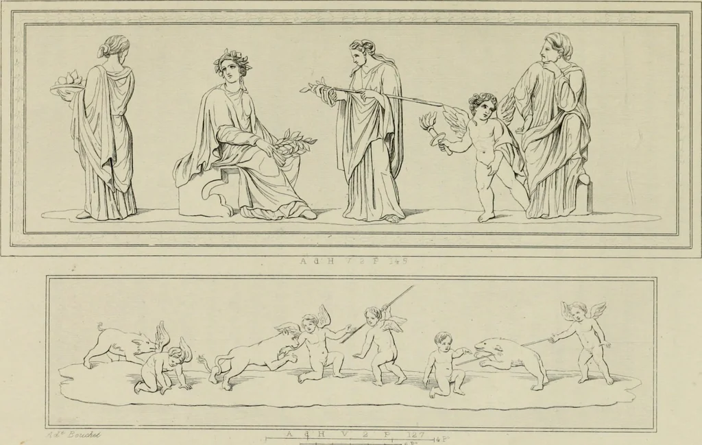 An illustration from Herculanum et Pompéi, recueil général des peintures, bronzes, mosaïques, etc., découverts jusqu'à ce jour, et reproduits d'apreès Le antichita di Ercolano, Il Museo borbonico, et tous les ouvrages analogues, 1870, leaf 36
