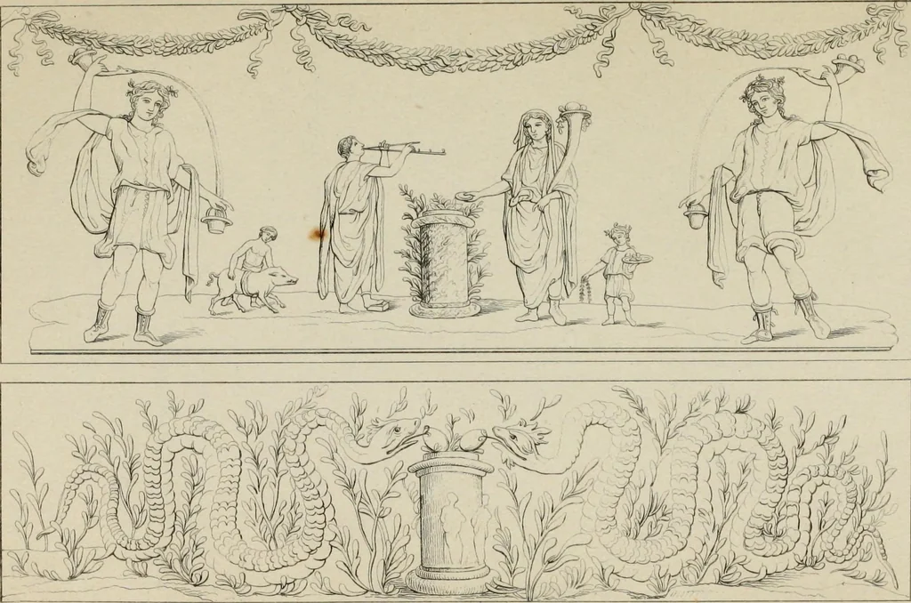 An illustration from Herculanum et Pompéi, recueil général des peintures, bronzes, mosaïques, etc., découverts jusqu'à ce jour, et reproduits d'apreès Le antichita di Ercolano, Il Museo borbonico, et tous les ouvrages analogues, 1870, leaf 55