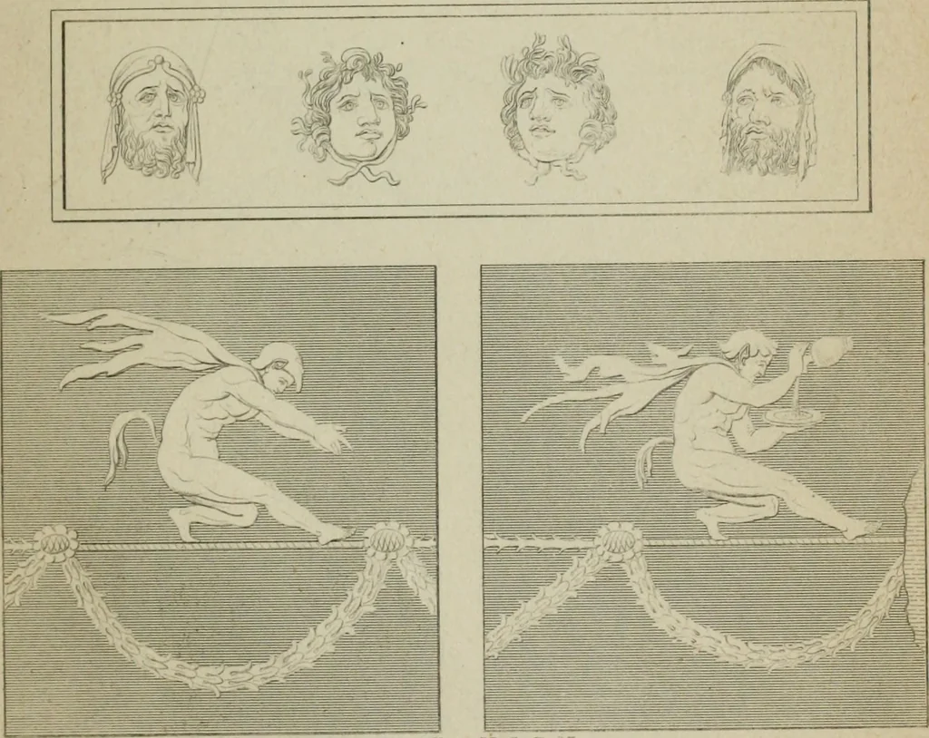 An illustration from Herculanum et Pompéi, recueil général des peintures, bronzes, mosaïques, etc., découverts jusqu'à ce jour, et reproduits d'apreès Le antichita di Ercolano, Il Museo borbonico, et tous les ouvrages analogues, 1870, leaf 68