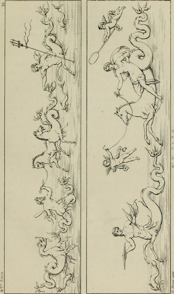 An illustration from Herculanum et Pompéi, recueil général des peintures, bronzes, mosaïques, etc., découverts jusqu'à ce jour, et reproduits d'apreès Le antichita di Ercolano, Il Museo borbonico, et tous les ouvrages analogues, 1870, leaf 74