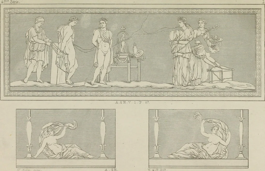 An illustration from Herculanum et Pompéi, recueil général des peintures, bronzes, mosaïques, etc., découverts jusqu'à ce jour, et reproduits d'apreès Le antichita di Ercolano, Il Museo borbonico, et tous les ouvrages analogues, 1870, leaf 9
