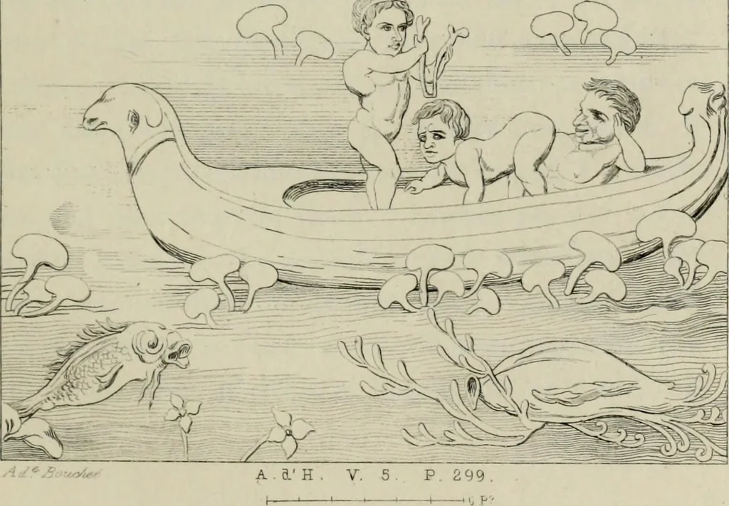 An illustration from Herculanum et Pompéi, recueil général des peintures, bronzes, mosaïques, etc., découverts jusqu'à ce jour, et reproduits d'apreès Le antichita di Ercolano, Il Museo borbonico, et tous les ouvrages analogues, 1870, leaf 96