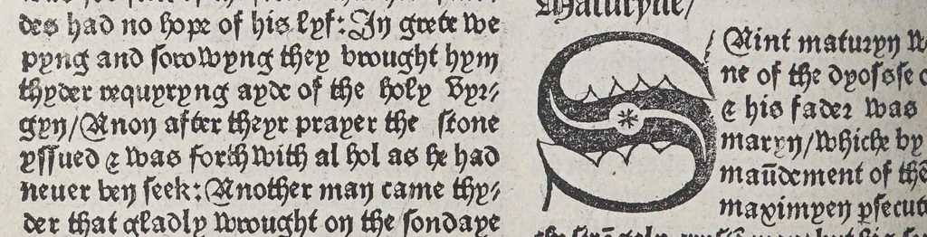 An illustration from Here begynneth the legende named in Latyn Legenda aurea, : that is to say in Englysshe the Golden legende : for lyke as passeth golde in valewe al other metallys, soo thys legende excedeth all other bokes, leaf 348